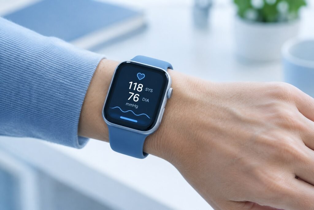 Person checking blood pressure reading on a smartwatch