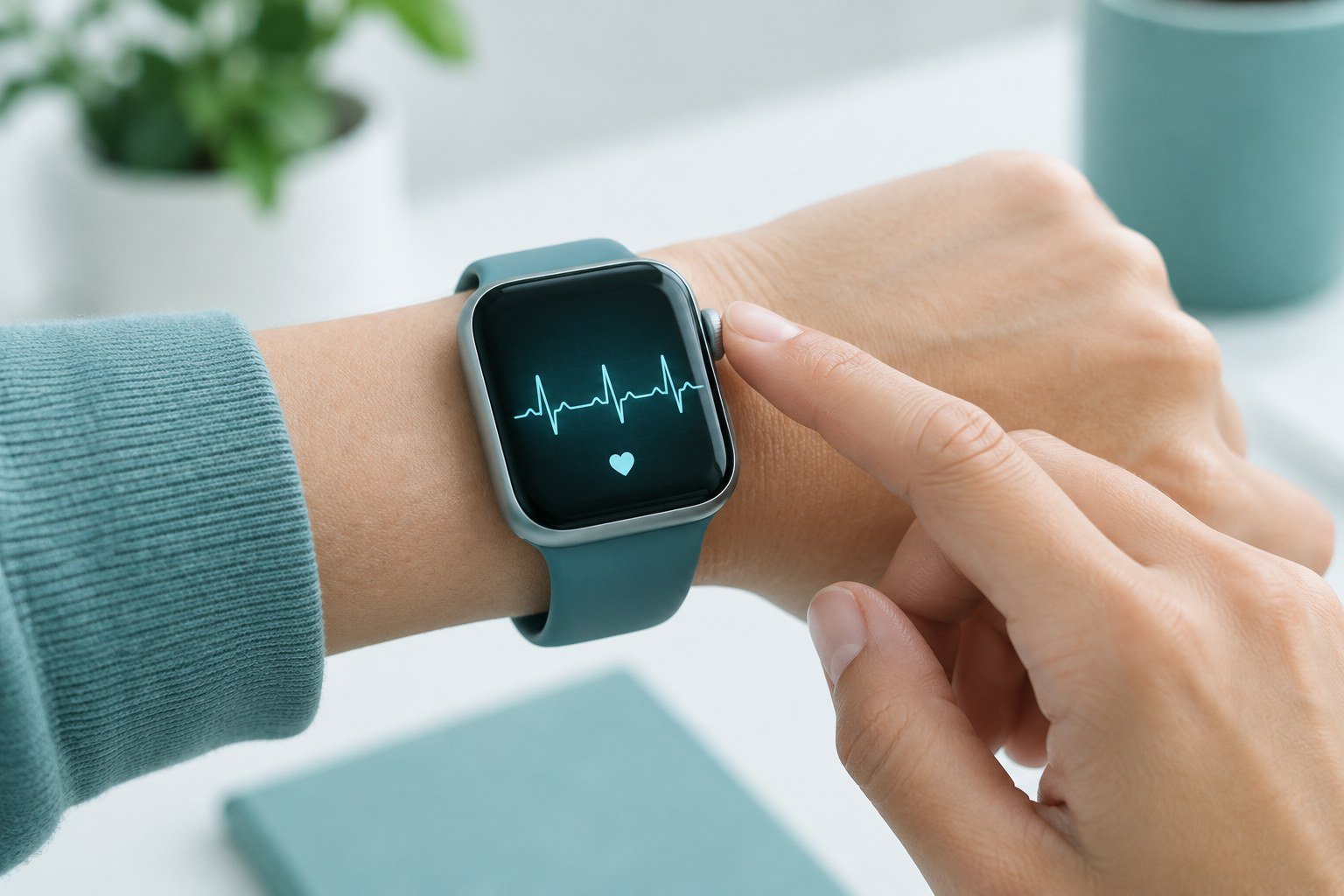 Person taking an ECG reading using a smartwatch crown